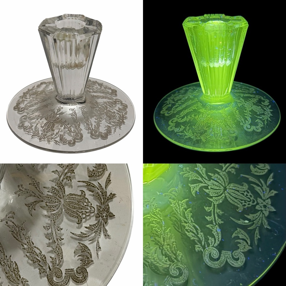 Vintage Heisey Glass Parallel Quarters King House Uranium Candlestick